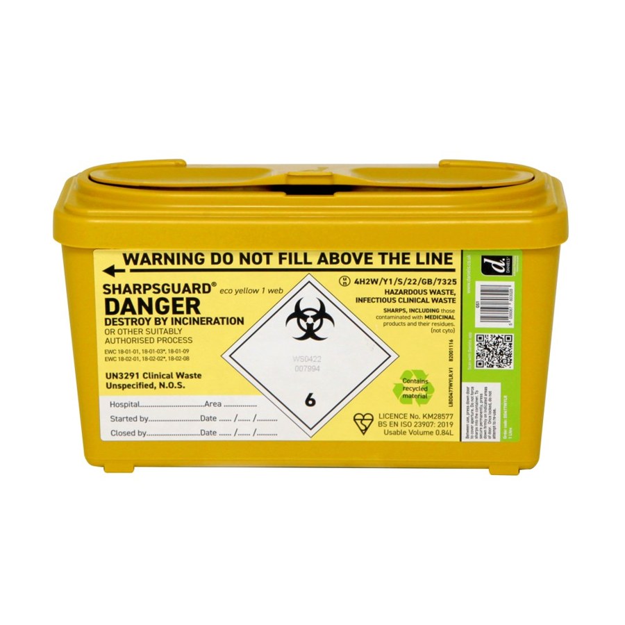 Representative photograph of Yellow sharps bin, 1 litre